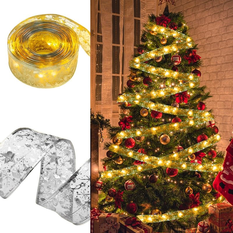 Christmas Ribbon Fairy Light Christmas Decoration DIY Bows String Light Tree Ornaments For Home 2023 Xmas Decor New Year Navidad acacuss