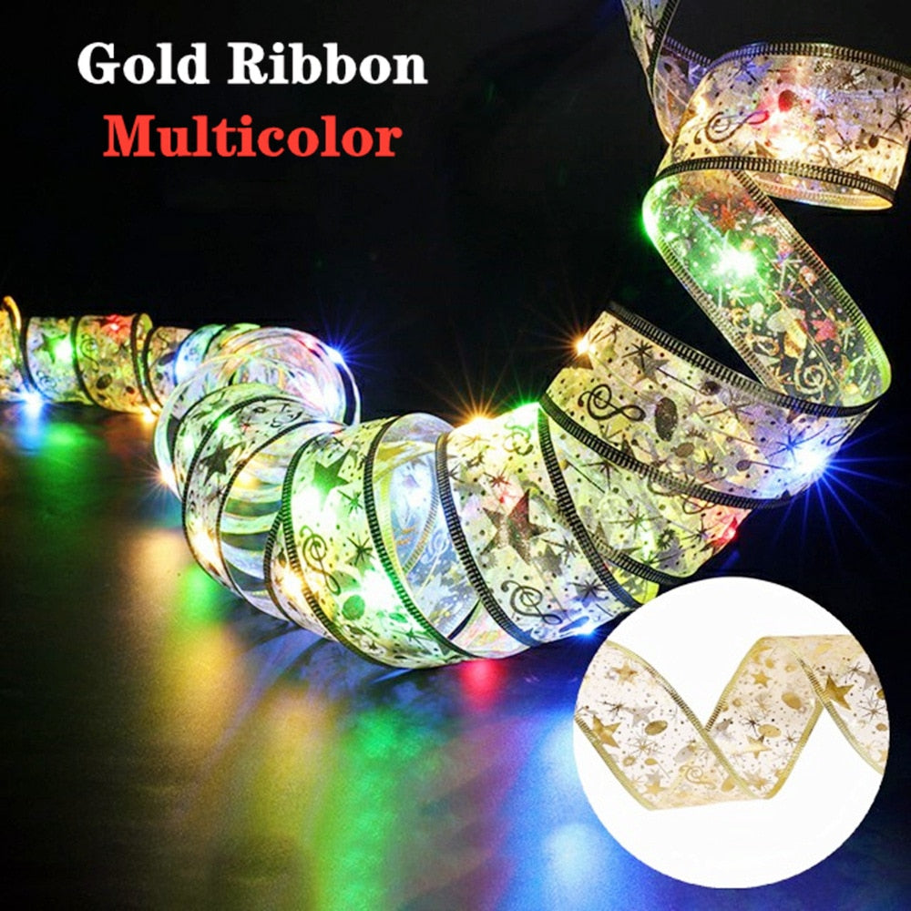 Christmas Ribbon Fairy Light Christmas Decoration DIY Bows String Light Tree Ornaments For Home 2023 Xmas Decor New Year Navidad acacuss