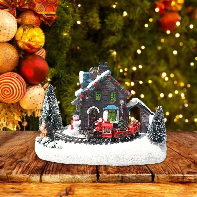 Christmas Small Train Village, Snow House, Luminous Resin Ornament, Color LED Light, Music Landscape, Tabletop Decor, Gifts acacuss