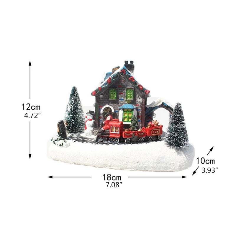 Christmas Small Train Village, Snow House, Luminous Resin Ornament, Color LED Light, Music Landscape, Tabletop Decor, Gifts acacuss