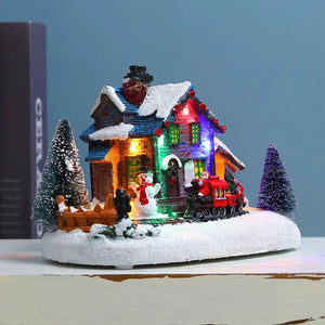 Christmas Small Train Village, Snow House, Luminous Resin Ornament, Color LED Light, Music Landscape, Tabletop Decor, Gifts acacuss