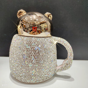 Coffee Tumbler Mugs Ceramic Cup With Diamond Rhinestone Glam Cartoon Bear With Lid acacuss