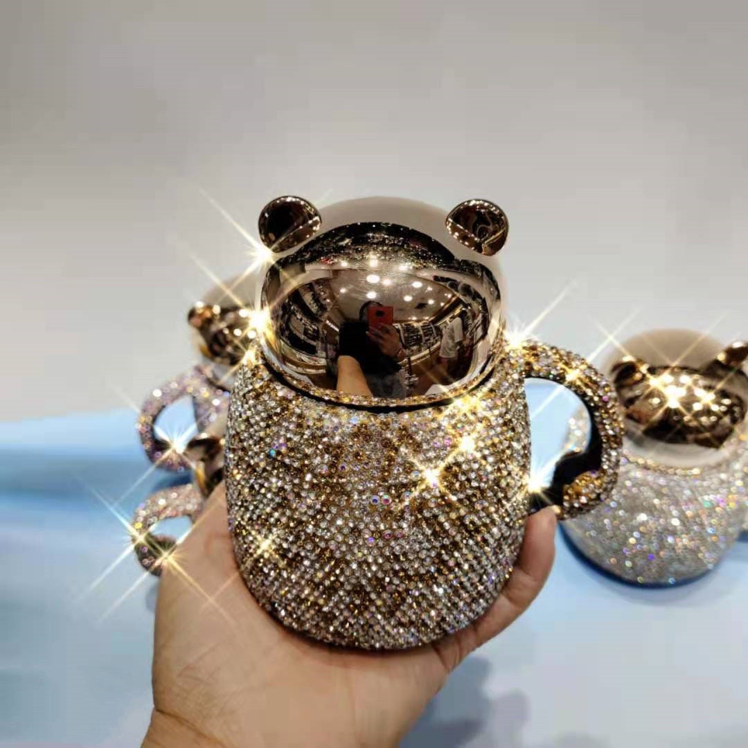 Coffee Tumbler Mugs Ceramic Cup With Diamond Rhinestone Glam Cartoon Bear With Lid acacuss