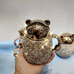 Coffee Tumbler Mugs Ceramic Cup With Diamond Rhinestone Glam Cartoon Bear With Lid acacuss