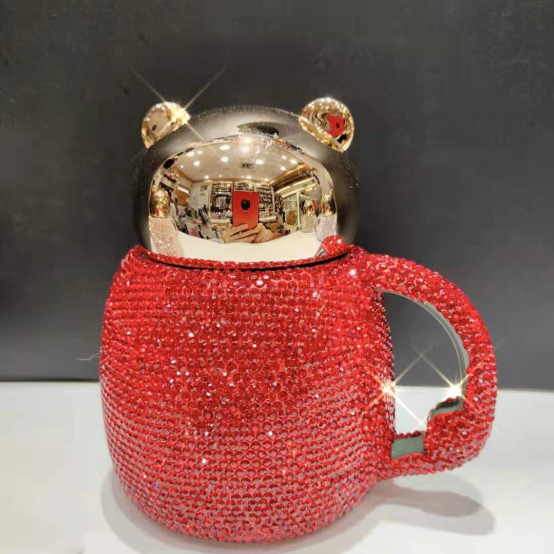 Coffee Tumbler Mugs Ceramic Cup With Diamond Rhinestone Glam Cartoon Bear With Lid acacuss