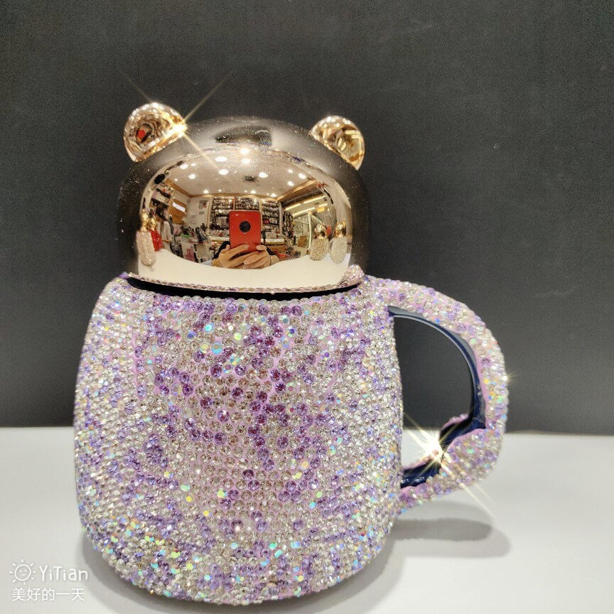 Coffee Tumbler Mugs Ceramic Cup With Diamond Rhinestone Glam Cartoon Bear With Lid acacuss