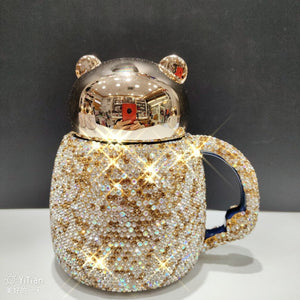 Coffee Tumbler Mugs Ceramic Cup With Diamond Rhinestone Glam Cartoon Bear With Lid acacuss