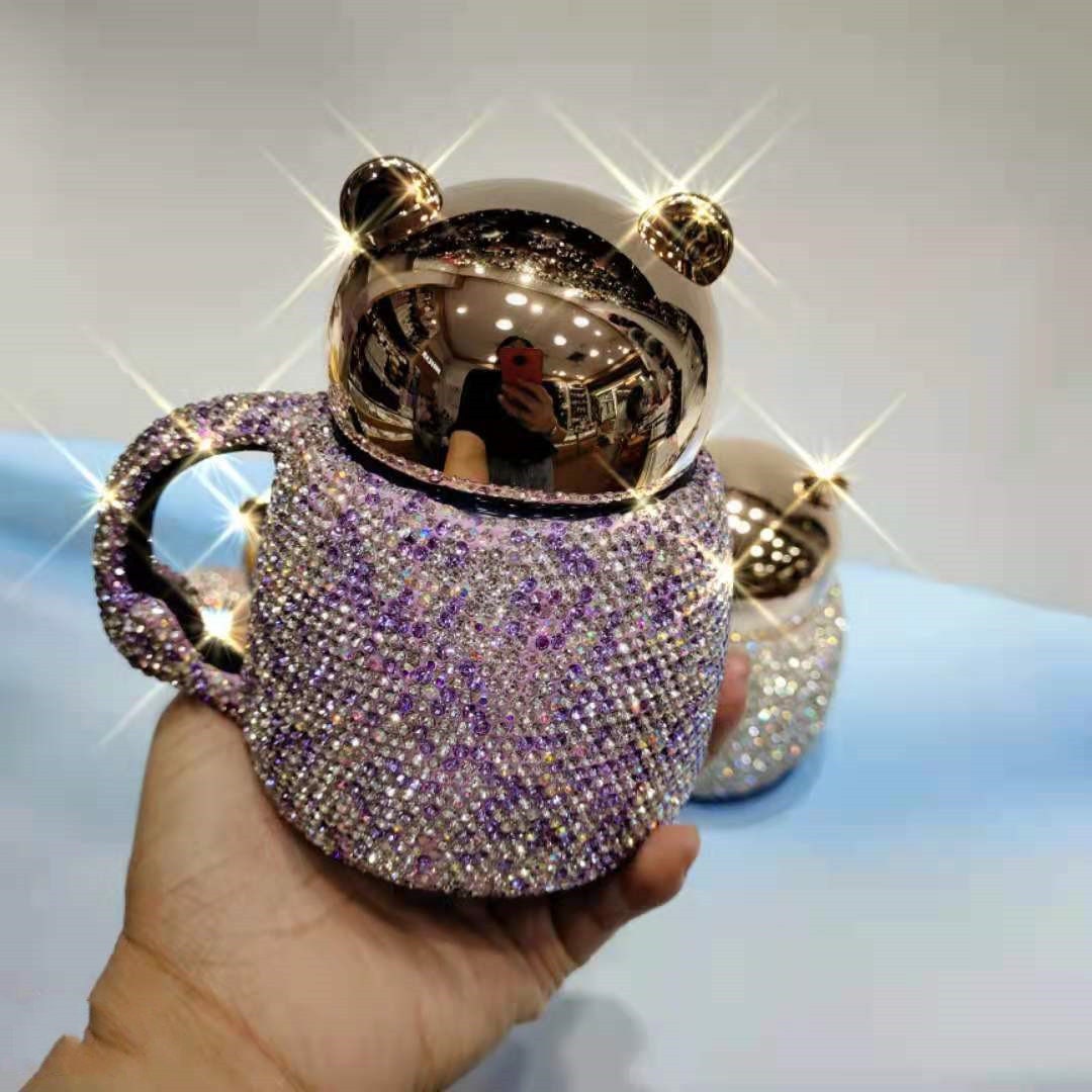 Coffee Tumbler Mugs Ceramic Cup With Diamond Rhinestone Glam Cartoon Bear With Lid acacuss
