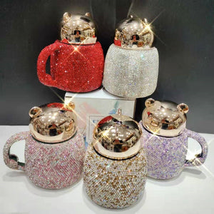 Coffee Tumbler Mugs Ceramic Cup With Diamond Rhinestone Glam Cartoon Bear With Lid acacuss