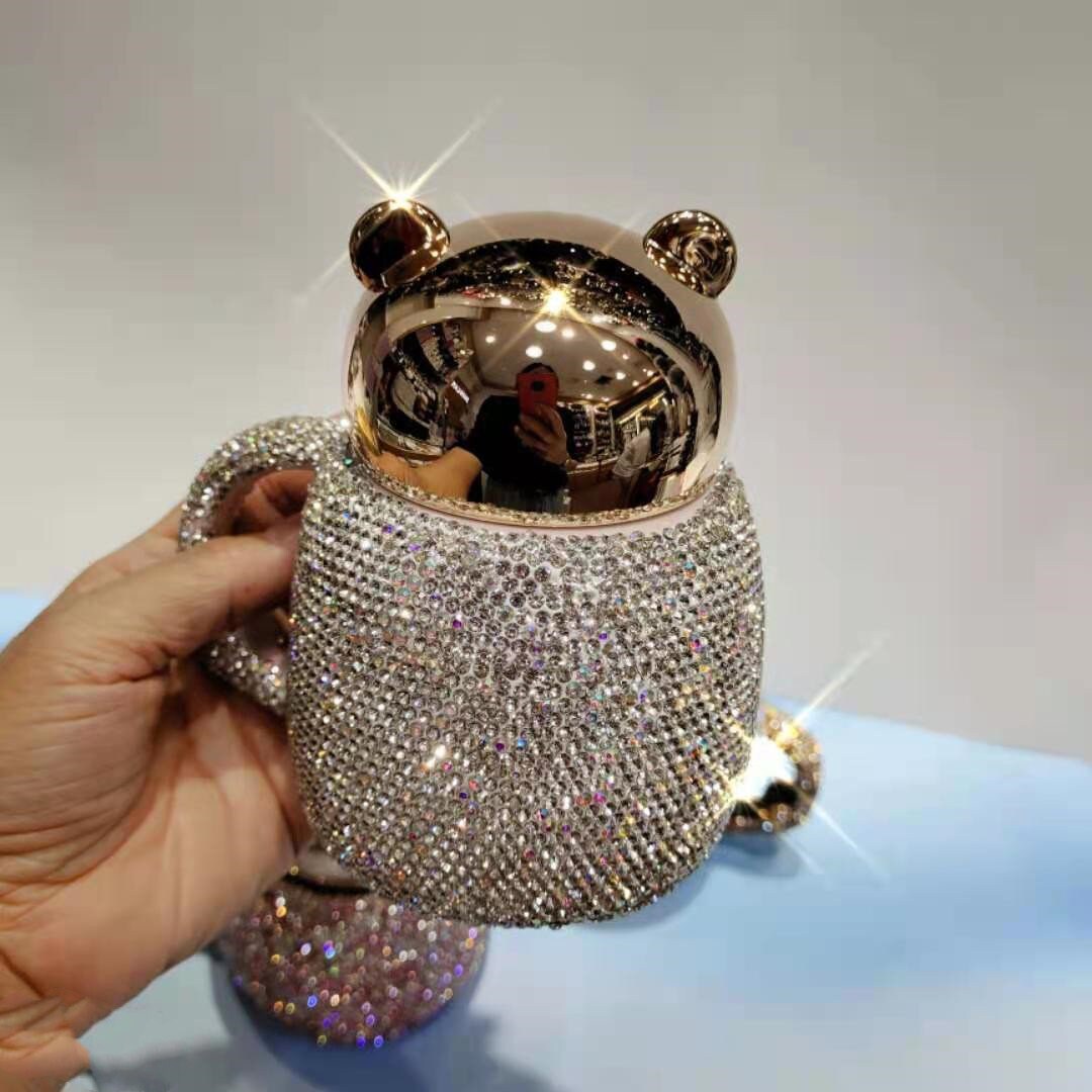 Coffee Tumbler Mugs Ceramic Cup With Diamond Rhinestone Glam Cartoon Bear With Lid acacuss