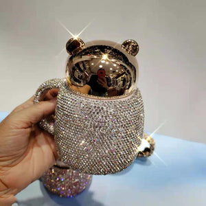 Coffee Tumbler Mugs Ceramic Cup With Diamond Rhinestone Glam Cartoon Bear With Lid acacuss