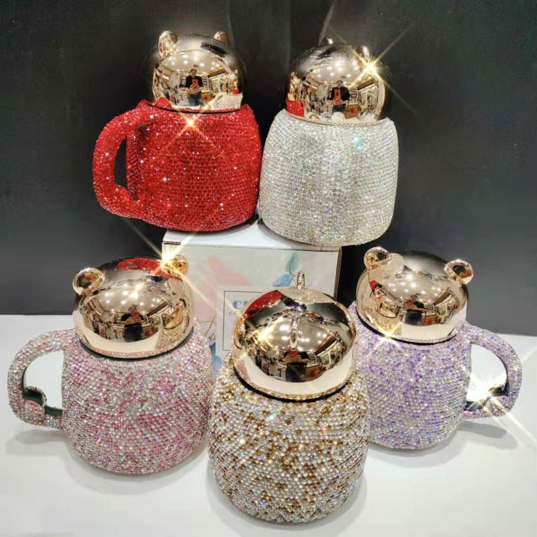 Coffee Tumbler Mugs Ceramic Cup With Diamond Rhinestone Glam Cartoon Bear With Lid acacuss