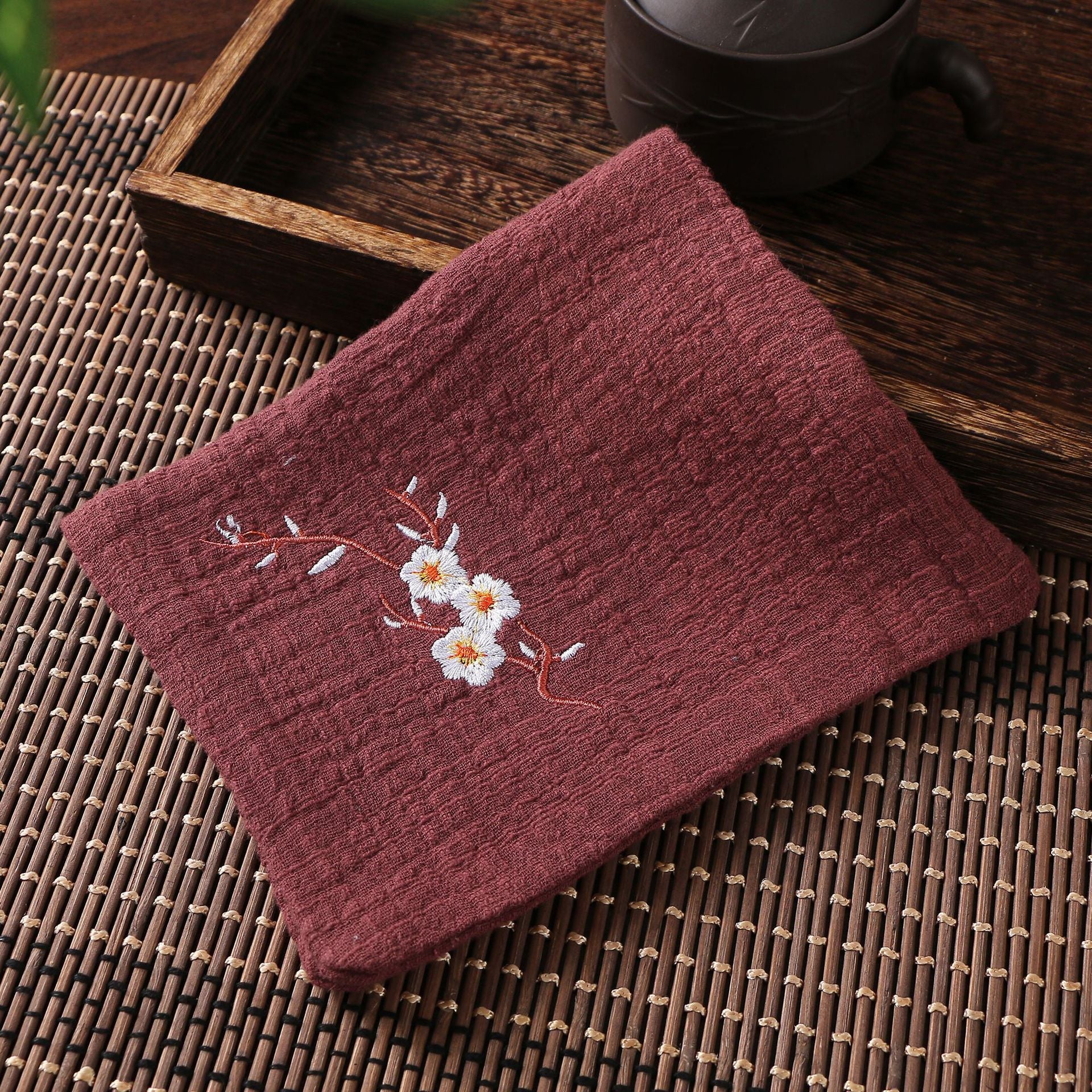 Cotton Linen Chinese Style Zen Tea Towel Absorbent Thickened Rag Flower Embroidery Tea Towel Tea Coaster Accessories acacuss