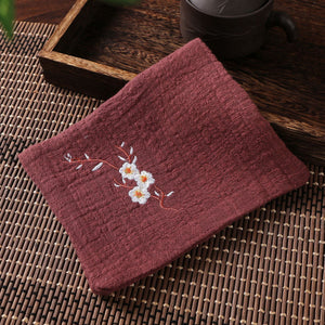 Cotton Linen Chinese Style Zen Tea Towel Absorbent Thickened Rag Flower Embroidery Tea Towel Tea Coaster Accessories acacuss