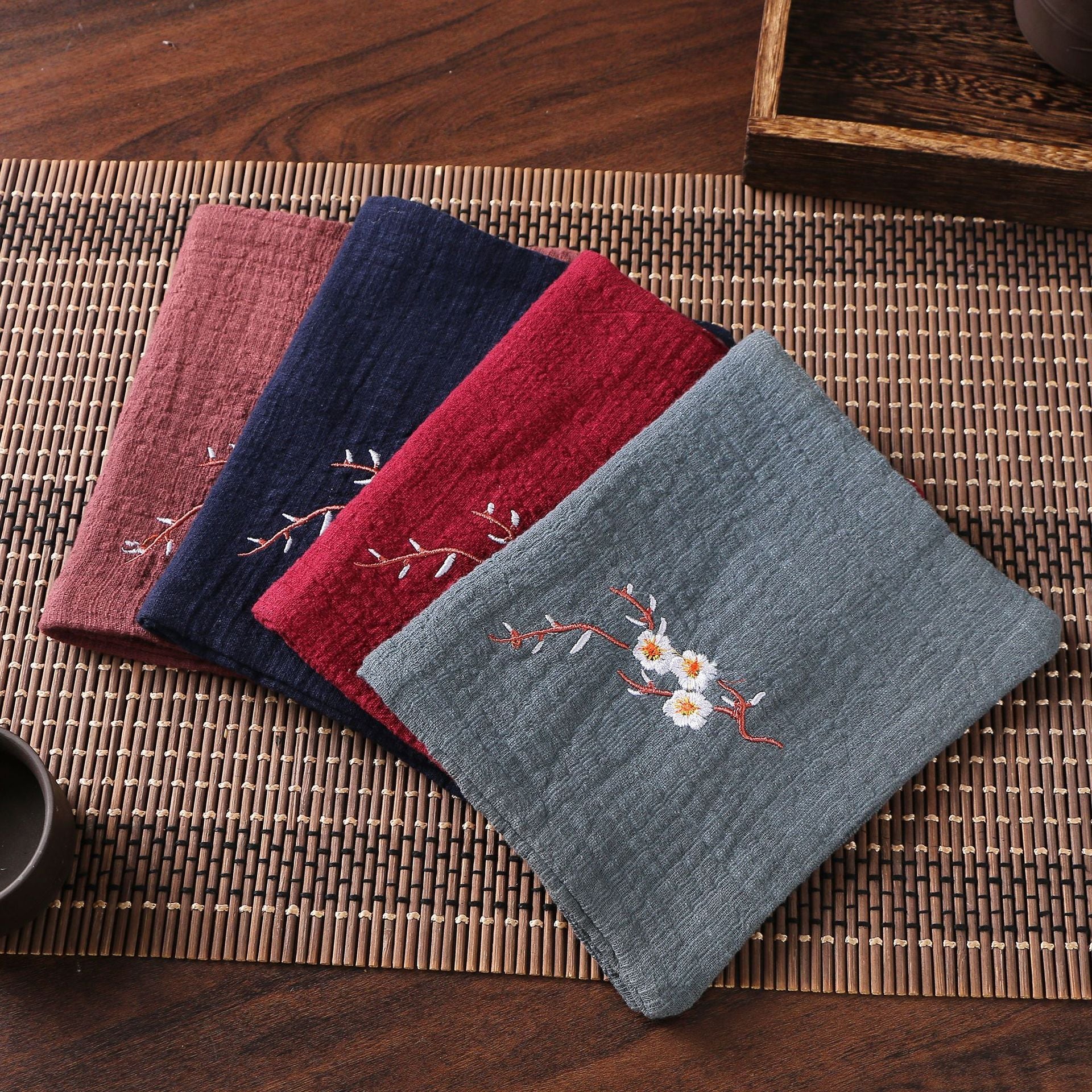 Cotton Linen Chinese Style Zen Tea Towel Absorbent Thickened Rag Flower Embroidery Tea Towel Tea Coaster Accessories acacuss