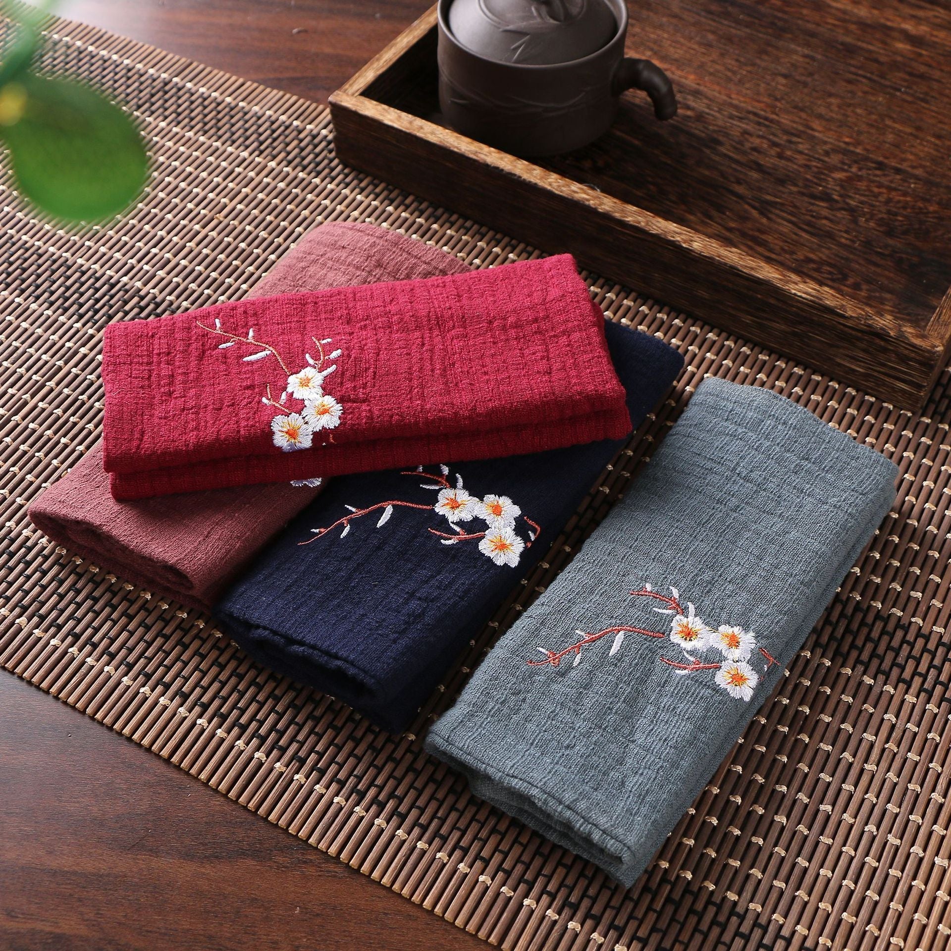 Cotton Linen Chinese Style Zen Tea Towel Absorbent Thickened Rag Flower Embroidery Tea Towel Tea Coaster Accessories acacuss