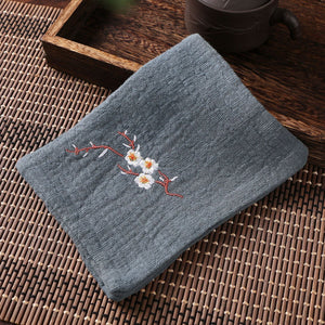 Cotton Linen Chinese Style Zen Tea Towel Absorbent Thickened Rag Flower Embroidery Tea Towel Tea Coaster Accessories acacuss