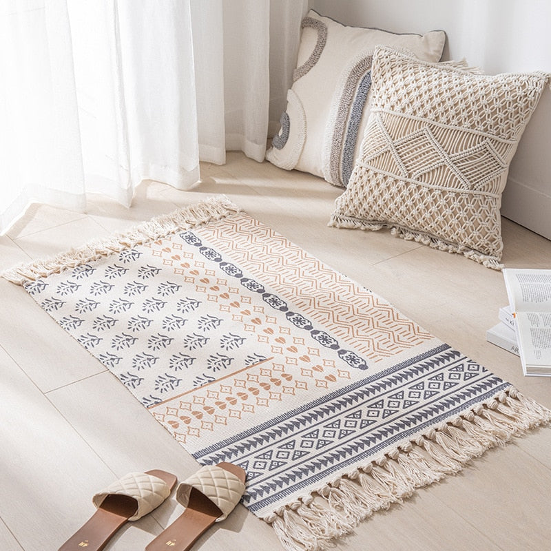 Cotton Linen Woven Vintage Tassels Rug Boho Room Decors Aesthetic Bedrooom Bedside Carpets Living Room Simple Homestay Floor Mat acacuss
