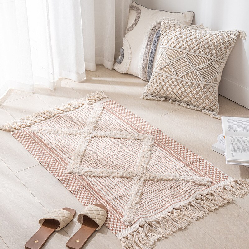Cotton Linen Woven Vintage Tassels Rug Boho Room Decors Aesthetic Bedrooom Bedside Carpets Living Room Simple Homestay Floor Mat acacuss