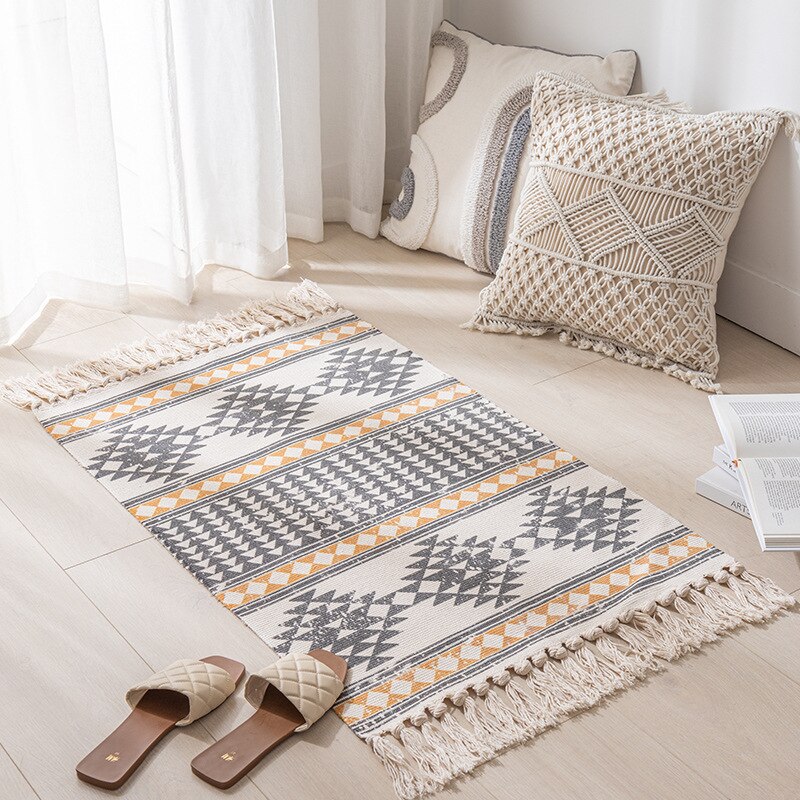 Cotton Linen Woven Vintage Tassels Rug Boho Room Decors Aesthetic Bedrooom Bedside Carpets Living Room Simple Homestay Floor Mat acacuss