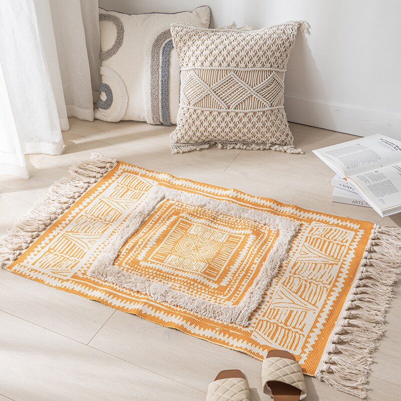 Cotton Linen Woven Vintage Tassels Rug Boho Room Decors Aesthetic Bedrooom Bedside Carpets Living Room Simple Homestay Floor Mat acacuss