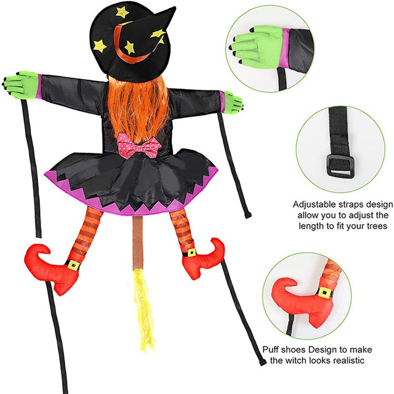 Crashing Witch into Tree Halloween Decoration,Crashed Witch Props Hanging Halloween Witch Decorations for Door Porch Pole Garde acacuss