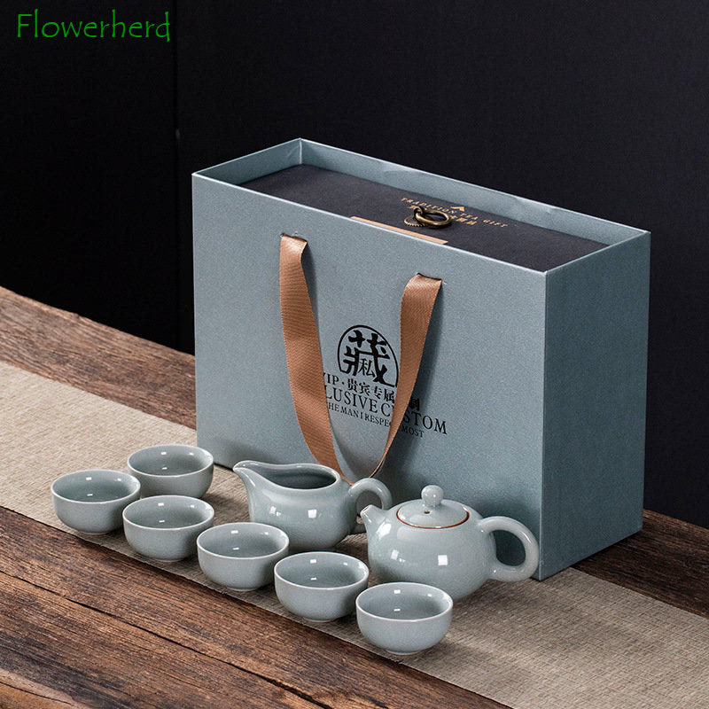 Creative Gifts Kung Fu Tea Set A Set of Brief Modern Ice Ceramic Teapot Tea Bowl Cup Gift Box Tea Pot and Cup Set Chinese acacuss