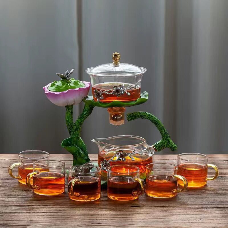 Creative GlassTea Set Automatic Teapot Tea  Heat-resistant Kungfu Tea Drinking Lotus Incense Burner Tea Make acacuss