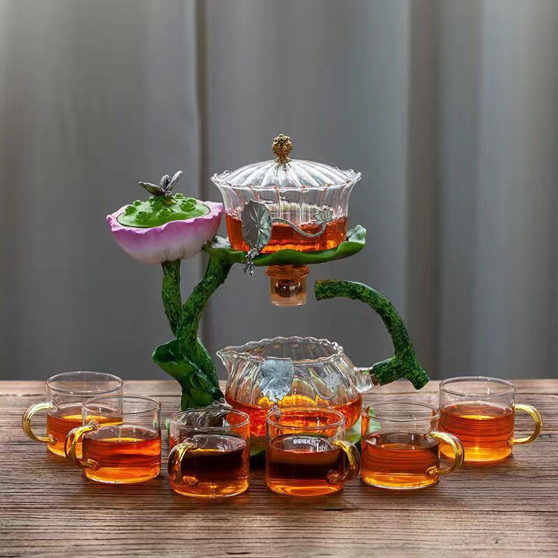 Creative GlassTea Set Automatic Teapot Tea  Heat-resistant Kungfu Tea Drinking Lotus Incense Burner Tea Make acacuss