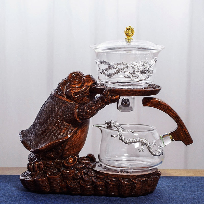 Creative Tea Toad Shape Teapot Automatic Tea Maker Pu'er Oolong Teapot And Cup Set Heat-resistant Glass Teapot Holder Base acacuss