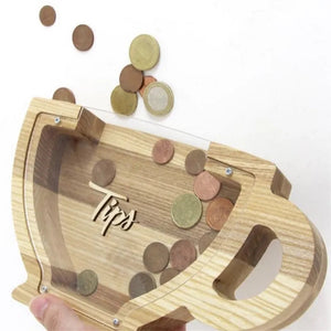 Creative Wooden Teacup Shape Piggy Bank Decoration Coffee Shop Coffee Bean Decoration Storage Tank Tip Jar Home Decor acacuss