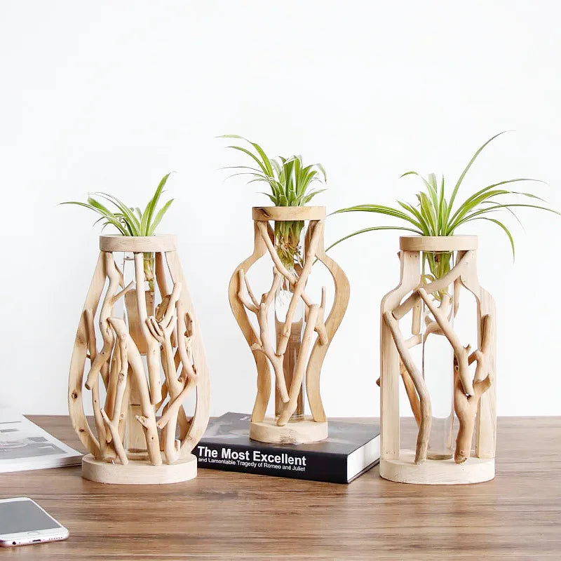 Creative Wooden Vase Decorated Solid Wood Flower Pot for Glass Hydroponic Home Decorative Vase Tabletop Home Decoration acacuss