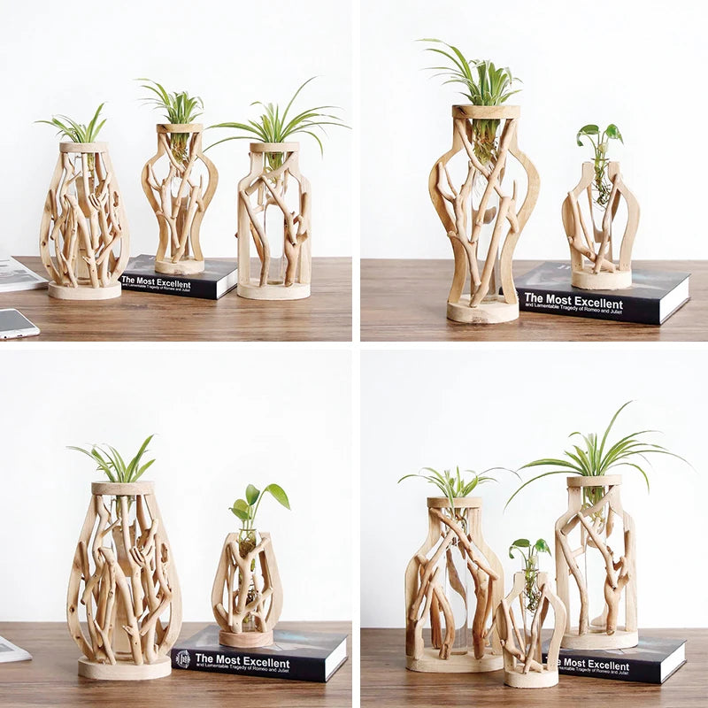 Creative Wooden Vase Decorated Solid Wood Flower Pot for Glass Hydroponic Home Decorative Vase Tabletop Home Decoration acacuss