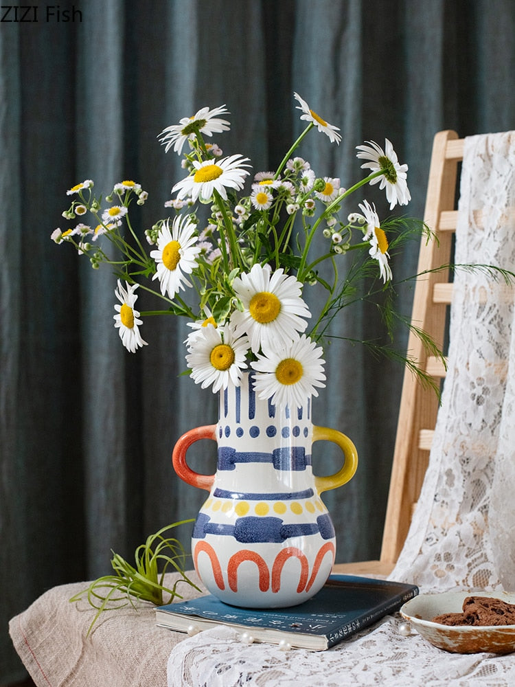 Creative ceramic vase Abstract color graffiti handle Handmade Art flower vase Ceramic handicraft ornaments Home Decoration acacuss