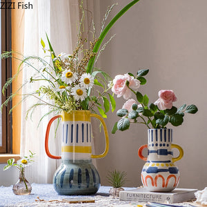 Creative ceramic vase Abstract color graffiti handle Handmade Art flower vase Ceramic handicraft ornaments Home Decoration acacuss
