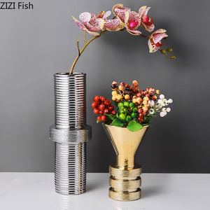 Creativity Gold Silver Screw Geometric Abstract Ceramic Handicraft Ornaments Vases Stripe Nut Home Decoration Flower Arrangement acacuss