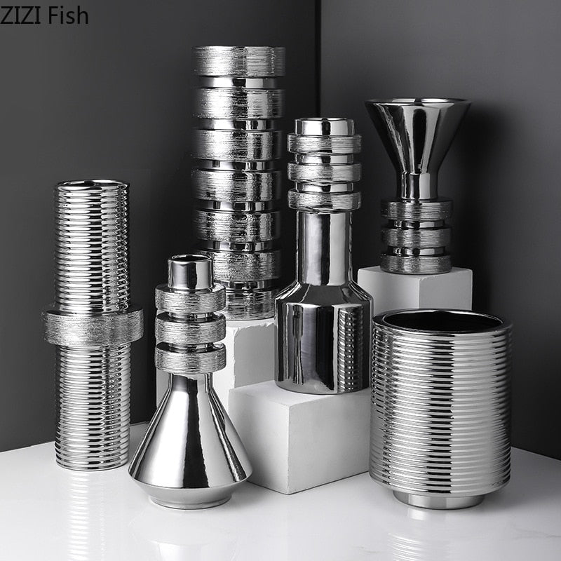 Creativity Gold Silver Screw Geometric Abstract Ceramic Handicraft Ornaments Vases Stripe Nut Home Decoration Flower Arrangement acacuss