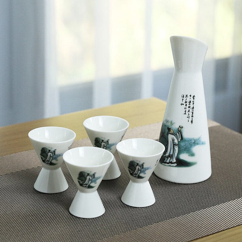 Cup Sake Set Cold Wine Ceramic Antique Print Rustic Sake Set Classic With Warmer Wijnglazen Household Utensils acacuss