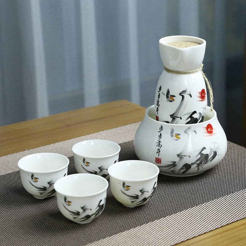 Cup Sake Set Cold Wine Ceramic Antique Print Rustic Sake Set Classic With Warmer Wijnglazen Household Utensils acacuss