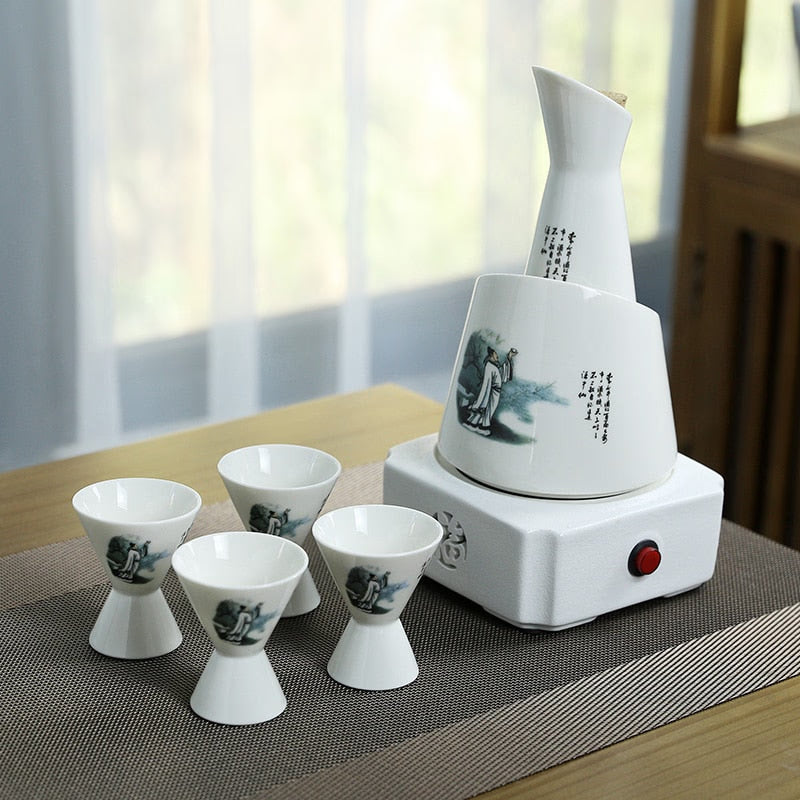 Cup Sake Set Cold Wine Ceramic Antique Print Rustic Sake Set Classic With Warmer Wijnglazen Household Utensils acacuss