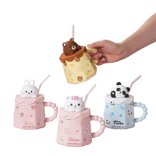 Cute Cartoon Ceramic Cup Mug with Cover and Straw High Color Ceramic Water Cup Household Milk Cup Tea Coffee Cola Cup Set acacuss