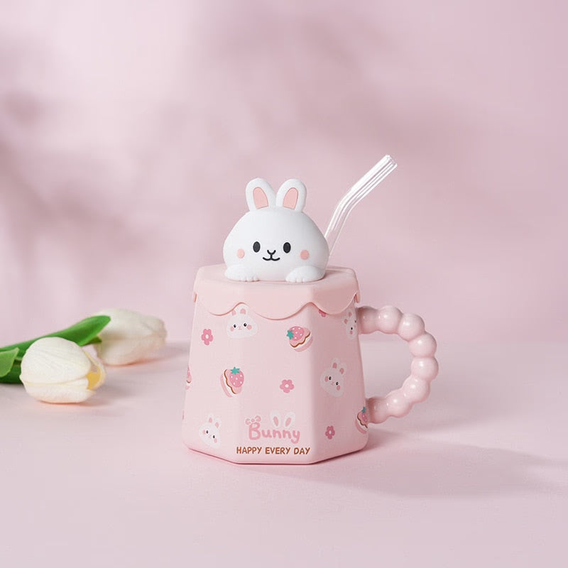 Cute Cartoon Ceramic Cup Mug with Cover and Straw High Color Ceramic Water Cup Household Milk Cup Tea Coffee Cola Cup Set acacuss