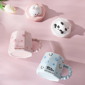 Cute Cartoon Ceramic Cup Mug with Cover and Straw High Color Ceramic Water Cup Household Milk Cup Tea Coffee Cola Cup Set acacuss
