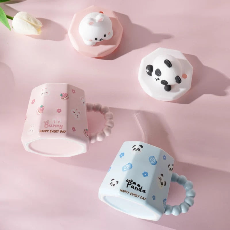 Cute Cartoon Ceramic Cup Mug with Cover and Straw High Color Ceramic Water Cup Household Milk Cup Tea Coffee Cola Cup Set acacuss