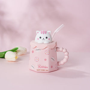 Cute Cartoon Ceramic Cup Mug with Cover and Straw High Color Ceramic Water Cup Household Milk Cup Tea Coffee Cola Cup Set acacuss
