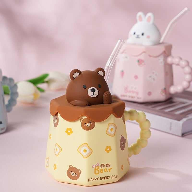 Cute Cartoon Ceramic Cup Mug with Cover and Straw High Color Ceramic Water Cup Household Milk Cup Tea Coffee Cola Cup Set acacuss