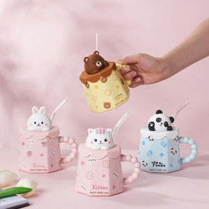 Cute Cartoon Ceramic Cup Mug with Cover and Straw High Color Ceramic Water Cup Household Milk Cup Tea Coffee Cola Cup Set acacuss