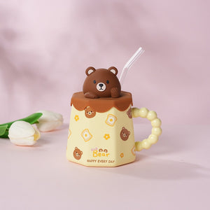 Cute Cartoon Ceramic Cup Mug with Cover and Straw High Color Ceramic Water Cup Household Milk Cup Tea Coffee Cola Cup Set acacuss