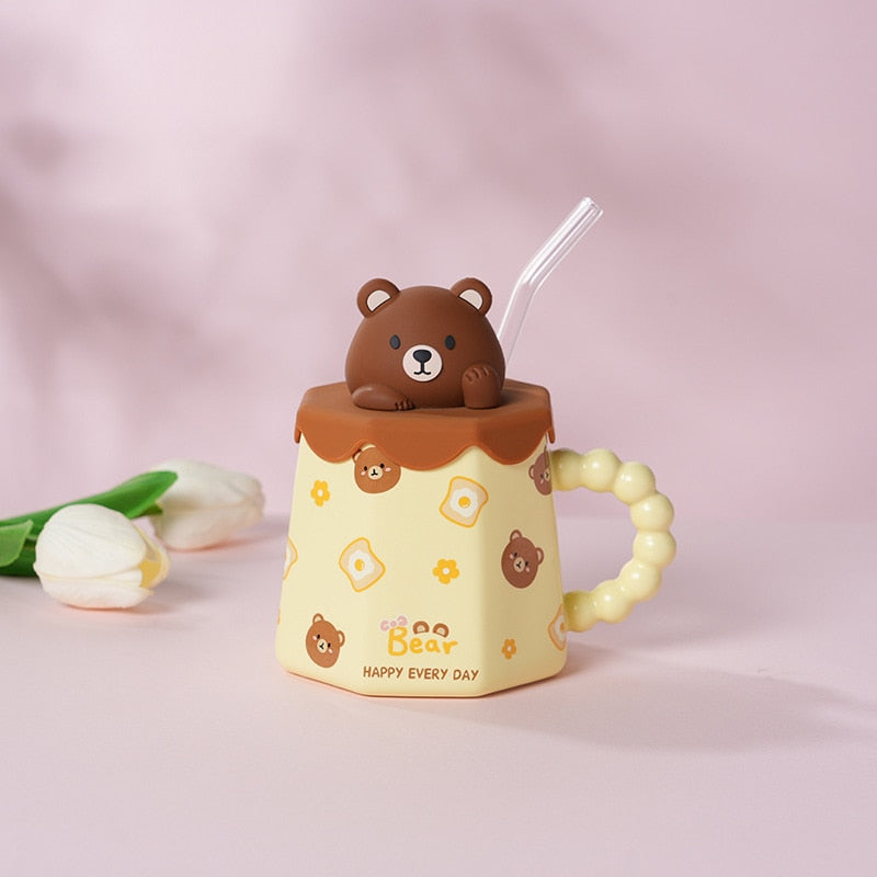 Cute Cartoon Ceramic Cup Mug with Cover and Straw High Color Ceramic Water Cup Household Milk Cup Tea Coffee Cola Cup Set acacuss