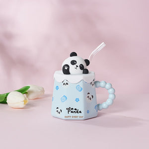 Cute Cartoon Ceramic Cup Mug with Cover and Straw High Color Ceramic Water Cup Household Milk Cup Tea Coffee Cola Cup Set acacuss
